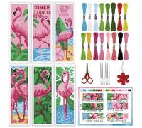 INFUNLY 6PCS Flamingo Cross Stitch Bookmarks Kit Pink Handmade Cross Stitch Bookmarks Make Time to Read DIY Cross Stitch Bookmark Set with Backing Felt Floss Instruction for Adult Book Lovers