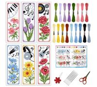 INFUNLY 6pcs Flower Music Cross Stitch Bookmark Kit for Beginners DIY Lily Tulip Roses Daisy Stamped Embroidery Bookmark Kits Piano Note Record Needlepoint Kit with Instruction for Book Lovers Readers