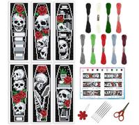 INFUNLY 6pcs Gothic Skeleton Coffin DIY Cross Stitch Bookmark Kits for Adults Beginner Red Rose Stamped Embroidery Bookmark Kit with Instruction Books Printed Embroidery Bookmarks Set for Book Lovers