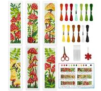 INFUNLY 6pcs Mushroom DIY Cross Stitch Bookmark Kits 2.4''x7.9'' Plants Stamped Embroidery Bookmark Kit with Instruction Red Mushroom Embroidery Bookmark Set with Pre-Printed Plants for Book Lovers
