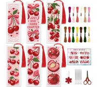 INFUNLY 6PCS Pink Cherry Cross Stitch Bookmark Kit for Adults 8.5"×3" Stamped Embroidery Bookmark Kit Bow DIY Bookmark Cross Stitch Kits with Instruction for Book Lovers Reader Writers