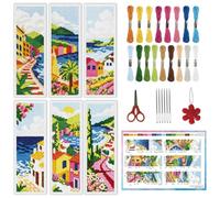 INFUNLY 6pcs Scenery Cross Stitch Bookmark Kit DIY Beach Stamped Embroidery Bookmark Kits 8.7×3.2" Mountain Needlepoint Kit with Instruction Town Easy Cross Stitch Kits for Book Lovers Readers