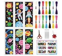 INFUNLY 6pcs Space DIY Cross Stitch Bookmark Kits for Beginners Planets Sun Cross Stitch Kit with Instruction Pre-Printed Rocket Stamped Embroidery Bookmark Kit for Book Lovers Readers Writers Gift