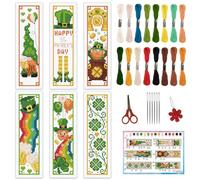 INFUNLY 6PCS St.Patrick's Themed Cross Stitch Bookmark Kit for Adults 8.66"×3.15" Gnome Hat Embroidery Bookmark Kit Rainbow Leaf Clover Counted Cross Stitch Kit with Instruction for Book Lovers Gift