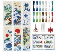 INFUNLY 6Pcs Ukiyo-E Cross Stitch Bookmark Kit 7.6x21.6 cm Cotton Linen Pre-Printed Japanese Wave Embroidery Starter Set with Backing Felt for Book Lovers Gift
