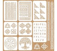 INFUNLY 8 Pcs Viking Symbol Stencils for Painting Rune Wall Stencil Celtic Border Painting Stencil Reusable PET Ancient Alphabet Wall Templates for Mancave Cabin Garage Decor DIY Project