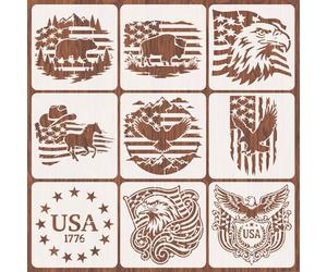 INFUNLY 9Pcs American Flag Wall Stencil for Painting 11.8×11.8" Reusable Wall Stencils Animal Eagle Painting Stencil Flags Union Star Walls Template for Crafts Cement Wood Furniture Bedroom Home Decor