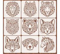 INFUNLY 9Pcs Mandala Animal Wall Stencil for Painting 11.8×11.8" Reusable Wall Stencils Tiger Lion Painting Stencil Cat Dog Walls Template for Crafts Cement Wood Furniture Bedroom Home Decor