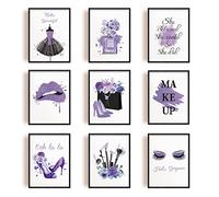 INFUNLY 9pcs Purple Wall Art Prints Set Women Makeup Poster 8"×10" Unframed Canvas Poster Prints Purple Flowers Picture Prints Modern Beauty Aesthetic Wall Art for Bedroom Living Room Bathroom Home
