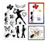 INFUNLY Balloon Flower Clear Stamp Heart Love Peace Clear Stamps for Card Making 6.3x4.3" Banksy Street Graffiti Transparent Seals Stamps Butterfly Rubber Stamp for DIY Scrapbooking Journal Decor