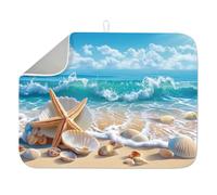 INFUNLY Beach Drying Mat 45x60cm Ocean Shells Absorbent Dish Pad Coastal Starfish Drainer Mat Microfiber Heat Coffee Bar Counter Top Mat Quick Dry Kitchen Rack Pad with Loop, Blue