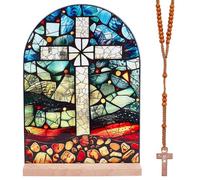 INFUNLY Cross Stand Catholic Ornament Kit 4.8x15x21cm Catholic Ornament Statuem Wooden Rosary Beads Catholic Devotional Set Stained Glass Cross Tabletop Decor for Home Altar Desk Christian Gifts