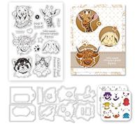 INFUNLY Cute Animals Clear Stamps and Cutting Dies Set with Reusable Dogs Draw Painting Template Cats and Rabbit Clear Silicone Stamps Cows Metal Die Cuts for DIY Scrapbooking Photo Album Decor