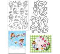 INFUNLY Fairy Stamps and Dies Set for Card Making Bee Flower Transparent Silicone Stamps Mushroom Cutting Die for DIY Craft Scrapbooking Easter Greeting Card Decor