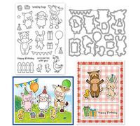 INFUNLY Farm Animal Clear Stamps and Dies Set Cattle Rabbit Transparent Silicone Stamps Animal Shape Happy Birthday Cutting Die for Card Making DIY Craft Scrapbooking Greeting Card Decor