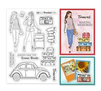 INFUNLY Fashion Women Travel Clear Stamp 6.3x4.3 Lady Bag Trunk Transparent Stamps Vacation Word Silicone Stamps Car Camera Rubber Stamps Seal for DIY Scrapbooking Photo Album Journaling Craft Decor