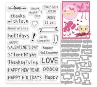 INFUNLY Greeting Words Clear Stamps and Dies for Card Making Happy Holidays Rubber Stamp and Die Cuts Love Text Silicone Stamp Seals Blessing Words Embossing Templates for DIY Scrapbooking Album Decor