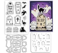 INFUNLY Halloween Gravestones Clear Stamps and Dies Set Ghost Bat Painting Template for Card Making Layered Cross Cat Silicone Stamp Fence Die Cuts Gothic Draw Paint Stencil for DIY Scrapbooking Craft
