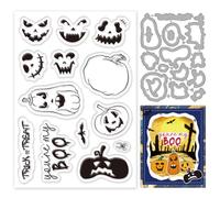 INFUNLY Halloween Pumpkin Clear Stamps and Die Cuts for Card Making Reusable Pumpkin Expression Cutting Die and Clear Stamp Pumpkin Metal Cutting Die Bat Rubber Stamps for DIY Scrapbooking Paper Decor