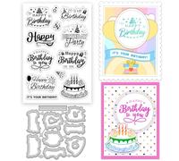INFUNLY Happy Birthday Clear Stamps and Cut Dies for Card Making Birthday Cakes Dessert Clear Stamps and Cut Dies Celebrate Word Silicone Clear Stamp for Birthday Gift Crafting Decorative