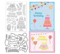 INFUNLY Happy Birthday Clear Stamps and Dies Balloons Stamp Cakes Stamp Love Silicone Stamp Metal Cutting Die for Card Making Seal Sets for Christmas Thanksgiving Gifts DIY Craft Scrapbooking Decor