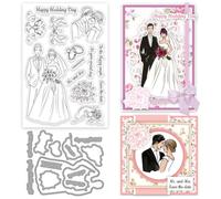 INFUNLY Happy Wedding Day Clear Stamp and Die Cuts Set Bride and Groom Reusable Silicone Stamps Bouquet Transparent Seal Wedding Blessing Text Rubber Stamps for Card Making Invitation Photo Album