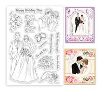 INFUNLY Happy Wedding Day Clear Stamp Bride and Groom Reusable Transparent Stamps Bridal Bouquet Silicone Stamps Wedding Blessing Text Rubber Stamps for Card Making Invitation Photo Album Decor
