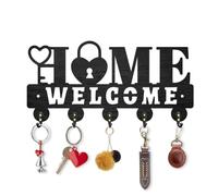 INFUNLY Home Sign Black Wooden Key Holder for Wall 6.14"×11.8" Home Design Key Holder Wall Mount Welcome Key Holder Rack with 5 Hooks Key Organizer Rack Hanger for Home Entryway Bags Umbrella