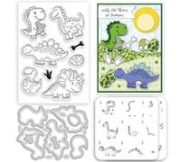 INFUNLY Layered Dinosaurs Clear Stamps and Cutting Dies Set with Reusable Wall Painting Template for Card Making Dinosaur Egg Silicone Stamps Dinosaur Bones Die Cuts Stencil for DIY Craft Scrapbooking