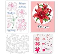 INFUNLY Lily Stamp and Dies Flower Painting Stencils 6.3×4.3" Plants Clear Stamps and Cutting Die Lily Floral Layer Hollow Painting Stencil Set for DIY Card Making Scrapbooking Craft Home Decor