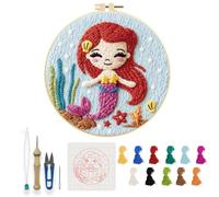 INFUNLY Mermaids Punch Needle Kit Round 8.7" DIY Embroidery Punch Needle Set for Adult Fairy Tales Punches Stitching Starter Kits with Easy to Follow Instruction Yarns Fabric Festival Gift Home Decor