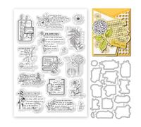 INFUNLY Mini Vintage Flowers Clear Stamps and Dies Hydrangea Stamp and Cutting Dies Rose Magnolia Silicone Stamp Retro Seal Text Background Embossing for Card Making DIY Scrapbooking Album Craft Decor