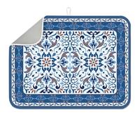INFUNLY Moroccan Tile Dish Drying Mat 17.7x23.6 Vintage Floral Tile Absorbent Pad Blue Brown Geometric Tile Drying Mat Rustic Tile Countertop Absorbent Pad for Table Countertop Sink Coffee Bar