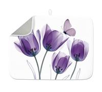 INFUNLY Purple Tulip Dish Drying Mat for Kitchen Counter Butterfly Dish Drainer Mats Absorbent Microfiber Anti-Slip Aesthetic Dishes Drying Pad 18x24Inch Washable for Table Countertop Sink Coffee Bar