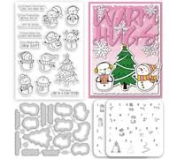 INFUNLY Snowman Clear Stamps and Dies Set Christmas Tree Painting Template for Card Making Christmas Words Silicone Stamp Layered Winter Snowman Die Cuts Draw Paint Stencil for DIY Scrapbooking Crafts
