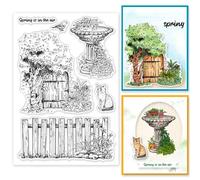 INFUNLY Spring Flowers Clear Stamps for Card Making 6.3x4.3 Garden Fence Fountain Rubber Clear Stamp Plants Cat Transparent Seal Stamps for Photo Album DIY Scrapbooking Journaling Paper Craft