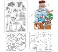 INFUNLY Summer Beach Clear Stamp and Metal Die Cut Set Ocean Theme Transparent Seals for Card Making Layered Color Coating Stencils Coconuts Trees Lighthouse Boats Stamps and Dies for DIY Scrapbooking