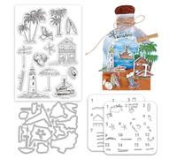 INFUNLY Summer Beach Clear Stamp and Metal Die Cut Set Ocean Theme Transparent Seals for Card Making Layered Color Coating Stencils Coconuts Trees Lighthouse Boats Stamps and Dies for DIY Scrapbooking