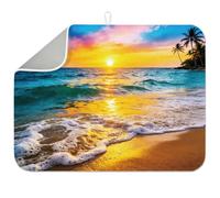 INFUNLY Sunset Beach Dish Drying Mat 17.7x23.6 Sunshine Absorbent Pad Sea Wave Kitchen Counter Absorbent Pad Sunrise Over the Beach Drying Mat for Table Countertop Sink Coffee Bar