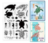INFUNLY Turtle Clear Stamps for Card Making 6.3x4.3 Sea Animal Clear Stamp Ocean Jellyfish Rubber Clear Stamps Hippocampus Seaweed Silicone Transparent Stamps for DIY Scrapbooking Album Paper Crafts