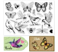 INFUNLY Vintage Bird Clear Stamps Butterfly Insect Rubber Stamp for Card Making 4.3x6.3 Hello Thanks Transparent Greeting Stamps Dragonfly Bee Silicone Stamp for Scrapbooking Photo Album Decor