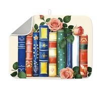 INFUNLY Vintage Book Dishes Drainer Mat 60x45cm Microfiber Dishes Drainer Mats Rose Floral Absorbent Pad Book Stack Coffee Mat with Hanging Loop for Kitchen Counter Faucet Sink Refrigerator