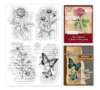 INFUNLY Vintage Flower Clear Stamps for DIY 4.3"×6.3" Retro Rose Clear Silicone Stamp Dragonfly Rubber Stamps Vintage Butterfly Transparent Stamp for Card Making Decoration and Scrapbooking