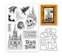 INFUNLY Vintage Halloween Clear Stamps and Dies for Card Making Skeletons Stamps and Die Cuts Castles Silicone Stamp Evil Pumpkins Ravens Embossing Template for DIY Scrapbooking Album Craft Decor