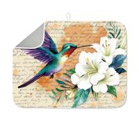 INFUNLY Vintage Hummingbird Dish Drying Mat 60x45cm White Lily Dishes Drainer Mat Microfiber Absorbent Draining Pad Heat Resistant Coffee Bar Protector Pad with Hanging Loop for Kitchen Counter