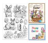INFUNLY Vintage Rabbit Clear Stamps Happy Easter Words Eggs Rubber Stamps Flowers Silicone Stamp Retro Bunny Chick Transparent Stamp for Card Making DIY Scrapbooking Photo Album Decor