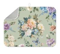 INFUNLY Watercolor Peony Dish Drying Mat 17.7x23.6 Spring Flower Absorbent Pad French Country Rose Placemats Vintage Butterfly Counter Absorbent Pad for Table Countertop Sink Coffee Bar