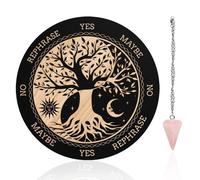 INFUNLY Witch Pendulum Board Tree of Life Round Wooden Divination Board 7.9" Sun Moon Metaphysical Message Board with Crystal Necklace Witchcraft Wicca Altar Supplies Kit