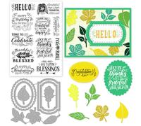 INFUNLY Words Clear Stamps and Dies for Card Making Blessing Words Stamp and Die Sets Thank You Rubber Stamps Tag Cutting Dies Leaves Die Cuts Autumn Silicone Stamps for DIY Scrapbooking Embossing