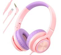 INFURTURE Kids Headphones CH5 USB C Headphone with Mic for Boys/Girls, Line Control,Volume Limit 94dB,On Ear/Wired Headphones for School,Travel,for Cellphones,Tablets,Kindle (Pink)
